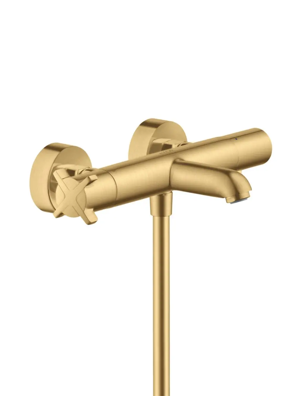 Wannen-Thermostat in brushed gold Optik von AXOR, mit zwei runden Wandplatten und einem länglichen Auslauf, zentraler Bedienhebel.